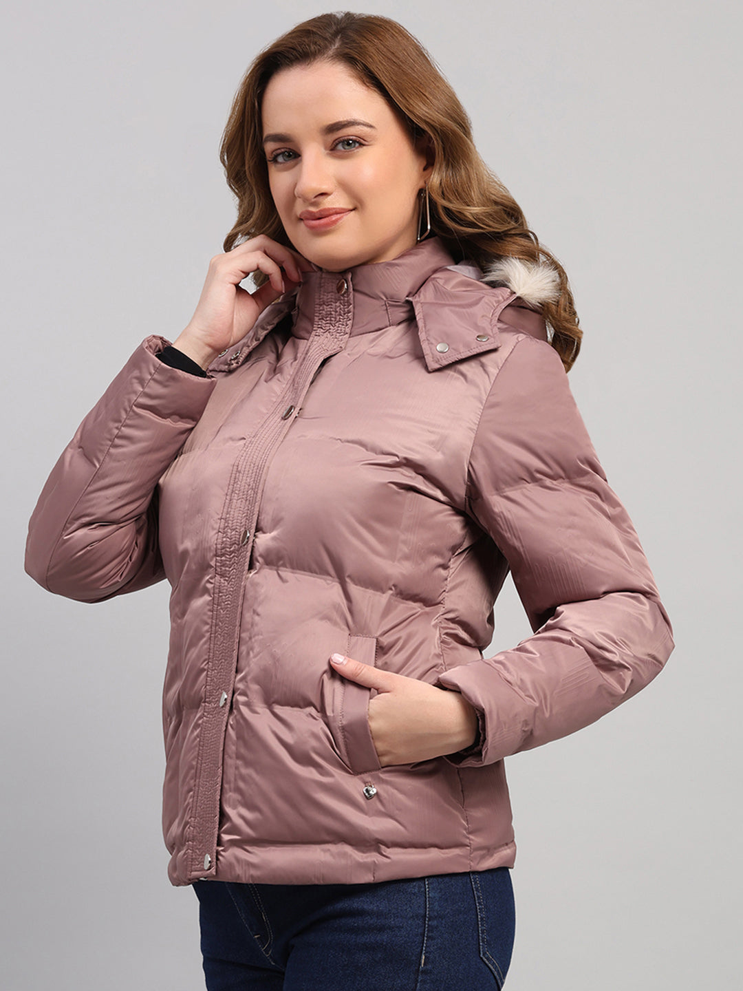 Women Mauve Self Design Hooded Full Sleeve Jacket
