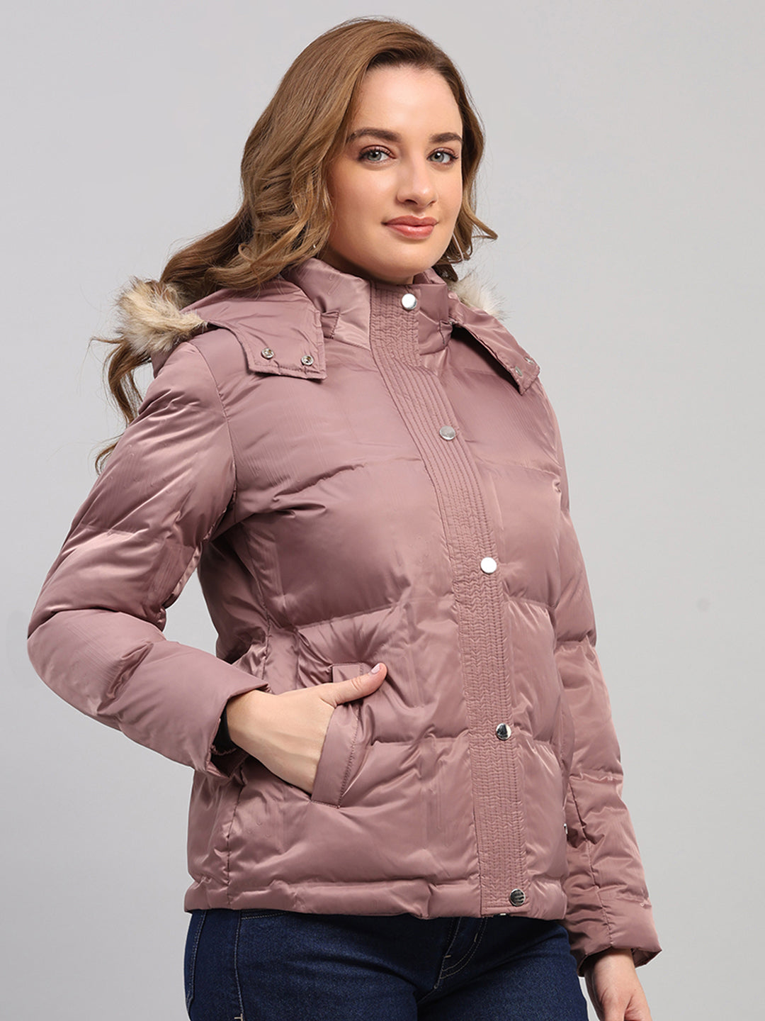 Women Mauve Self Design Hooded Full Sleeve Jacket