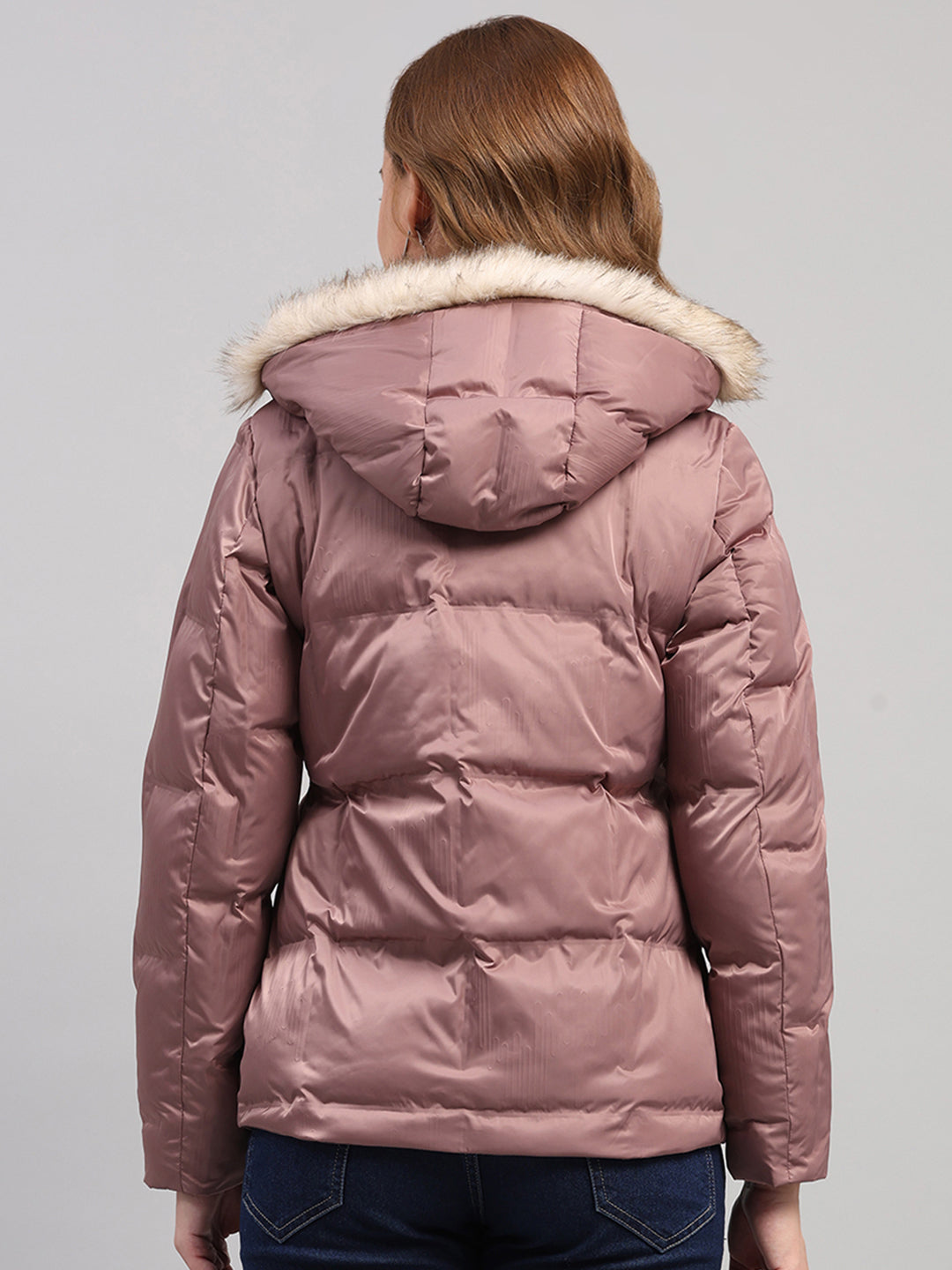 Women Mauve Self Design Hooded Full Sleeve Jacket