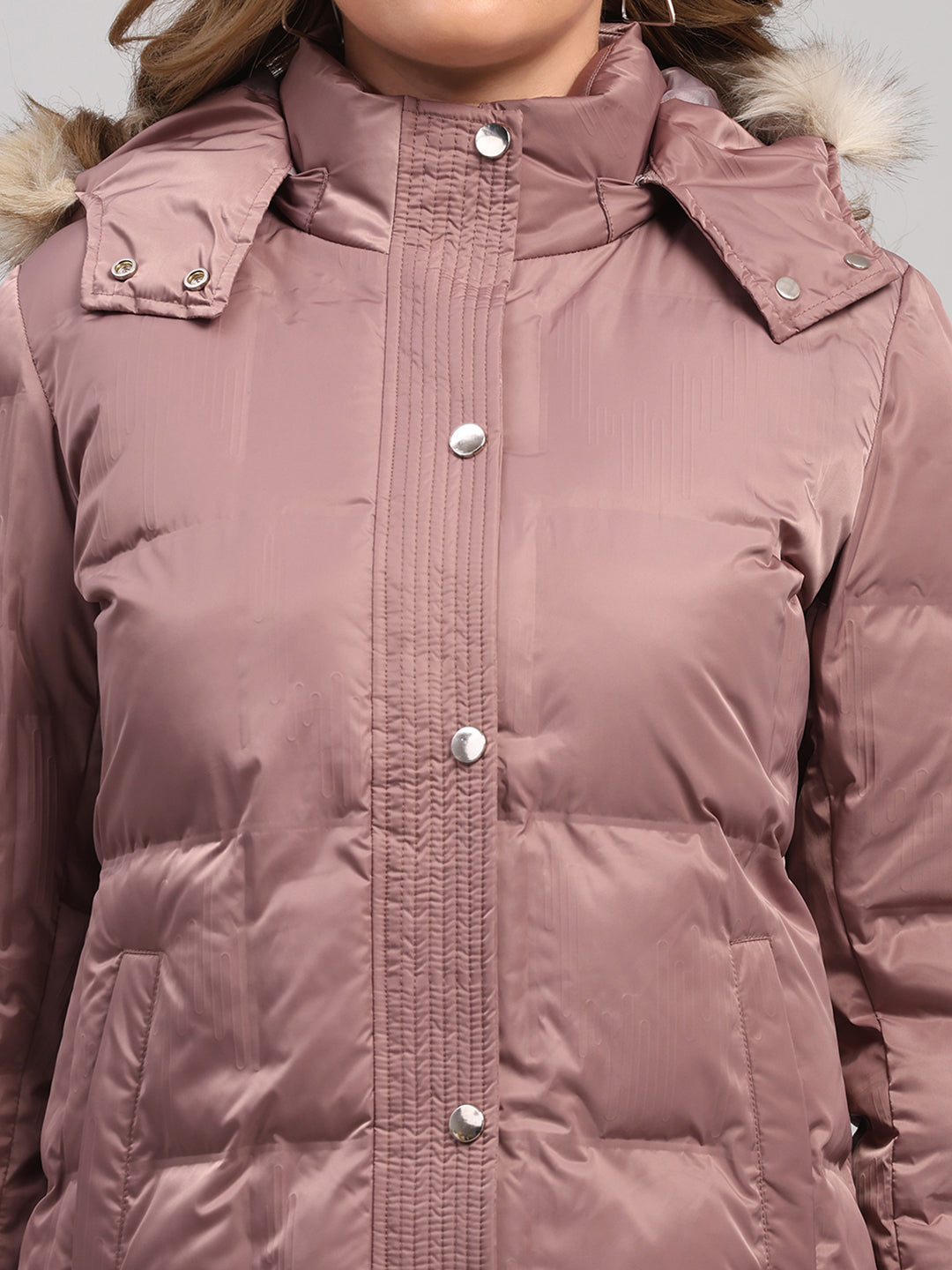 Women Mauve Self Design Hooded Full Sleeve Jacket