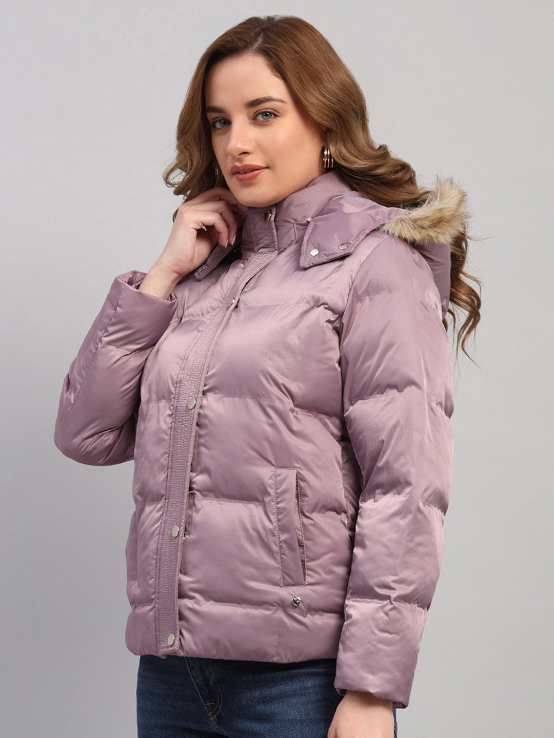 Women Mauve Self Design Hooded Full Sleeve Jacket