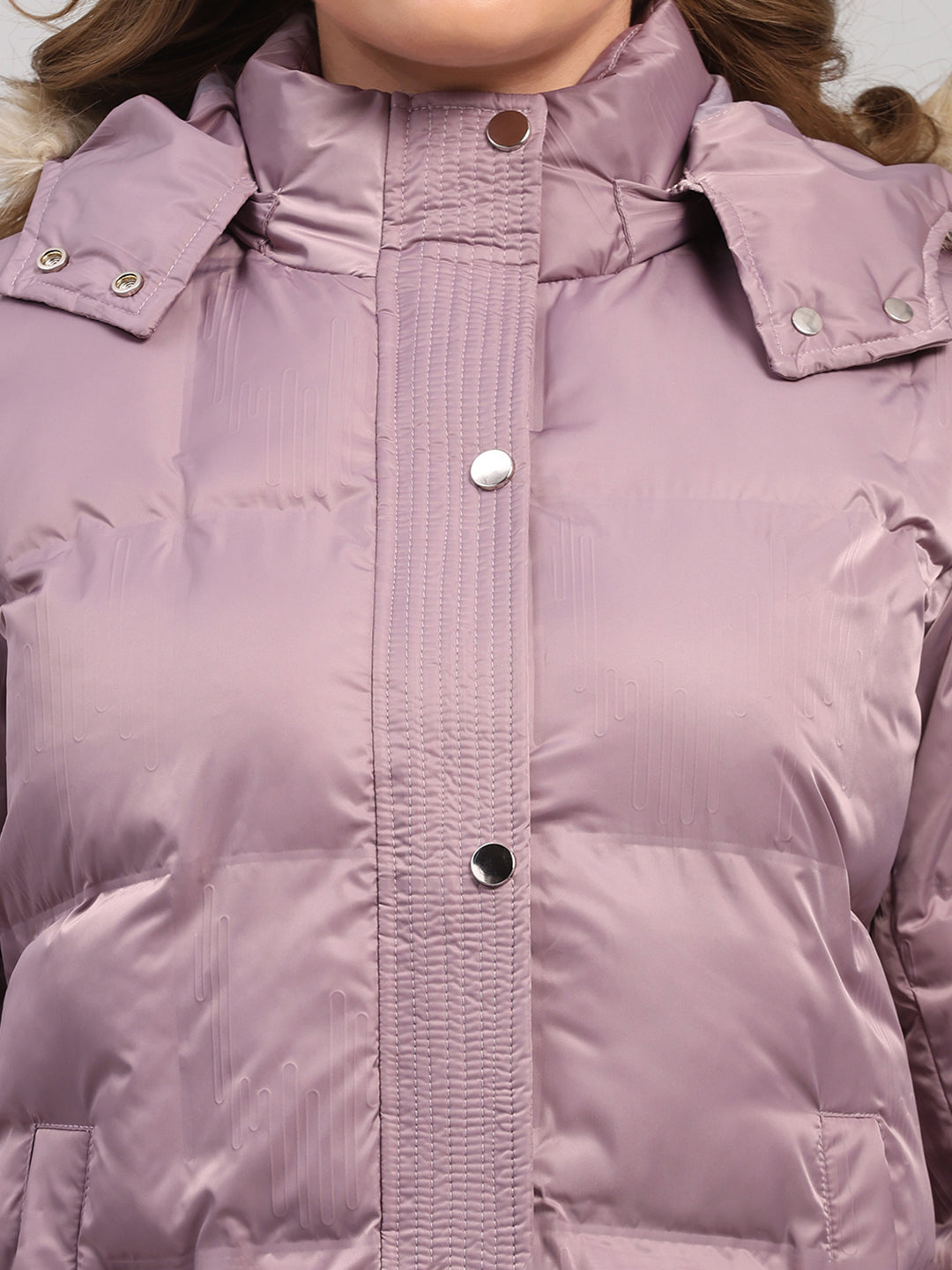 Women Mauve Self Design Hooded Full Sleeve Jacket