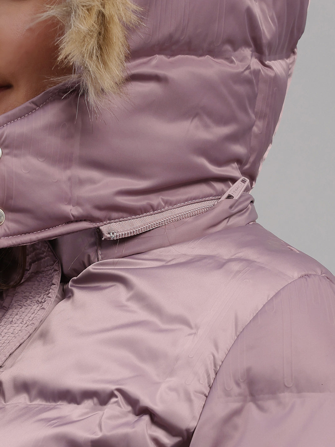 Women Mauve Self Design Hooded Full Sleeve Jacket