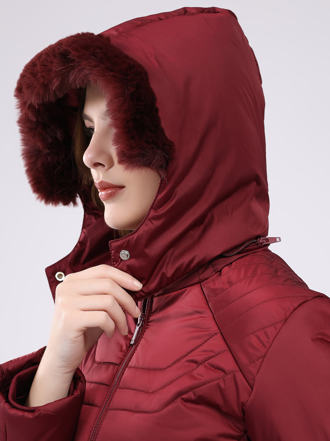 Women Maroon Solid Hooded Full Sleeve Jacket