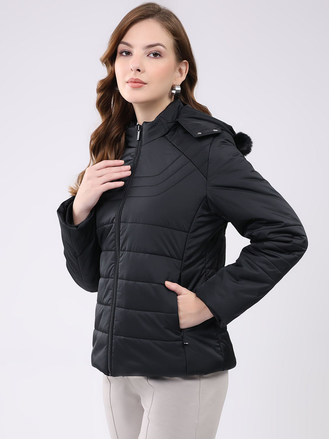 Women Black Solid Hooded Full Sleeve Jacket
