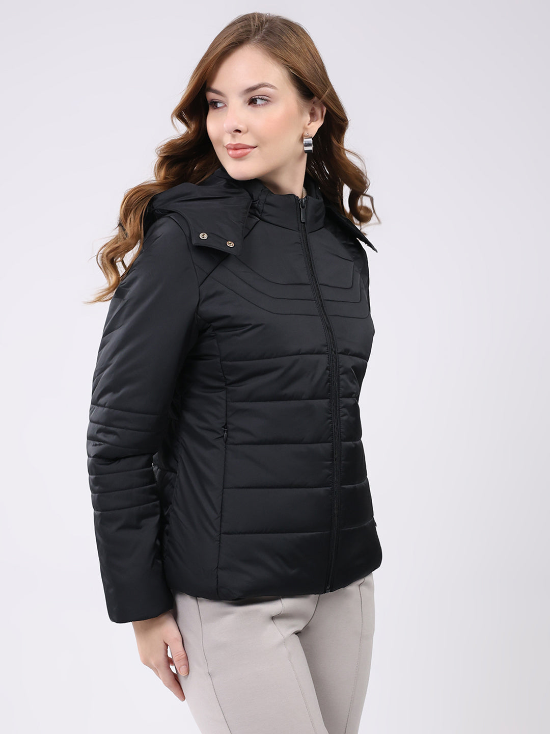 Women Black Solid Hooded Full Sleeve Jacket