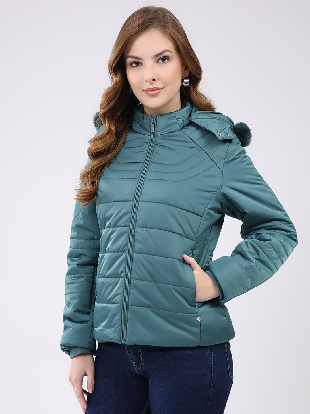 Women Teal Green Solid Hooded Full Sleeve Jacket
