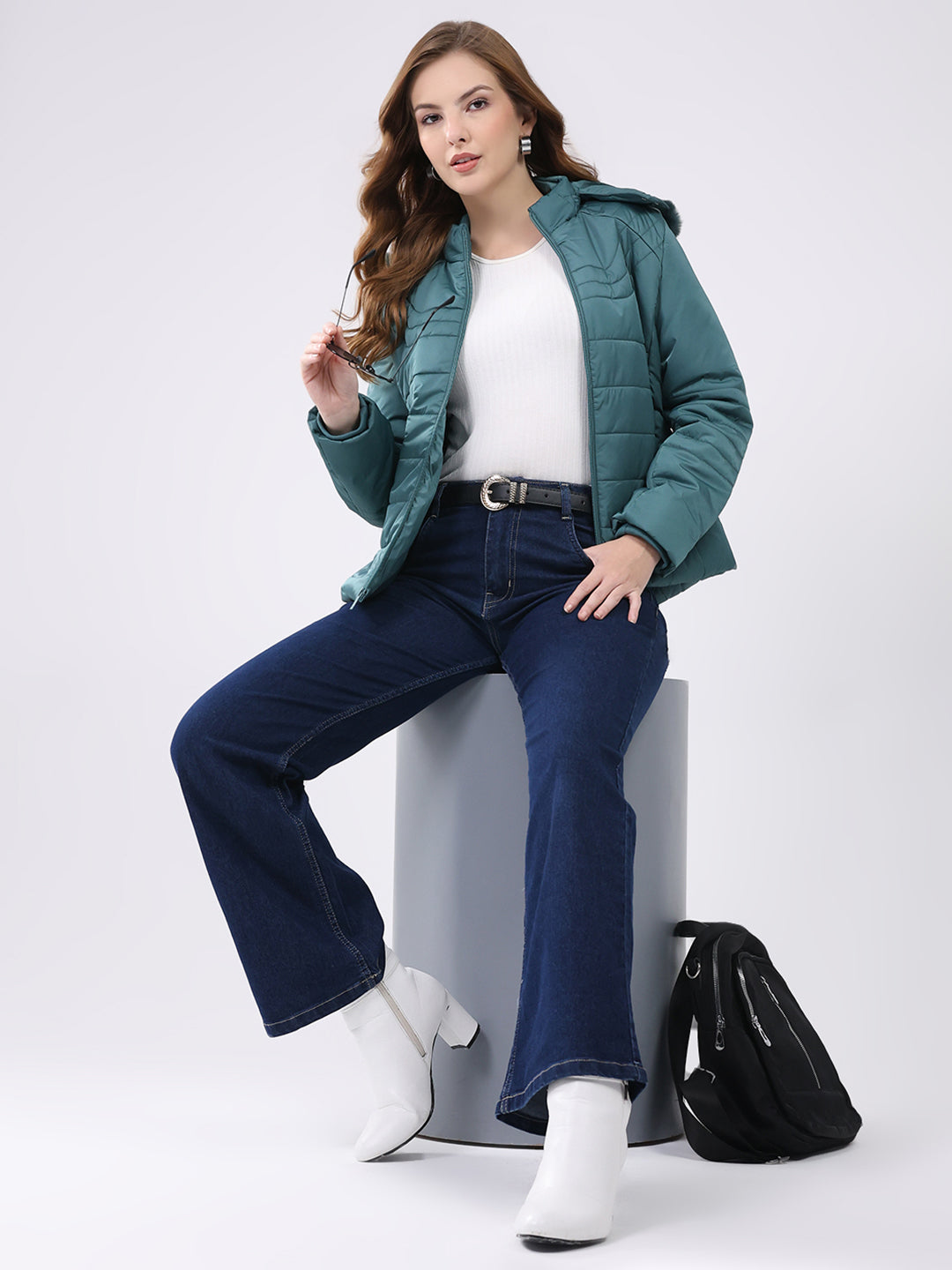 Women Teal Green Solid Hooded Full Sleeve Jacket