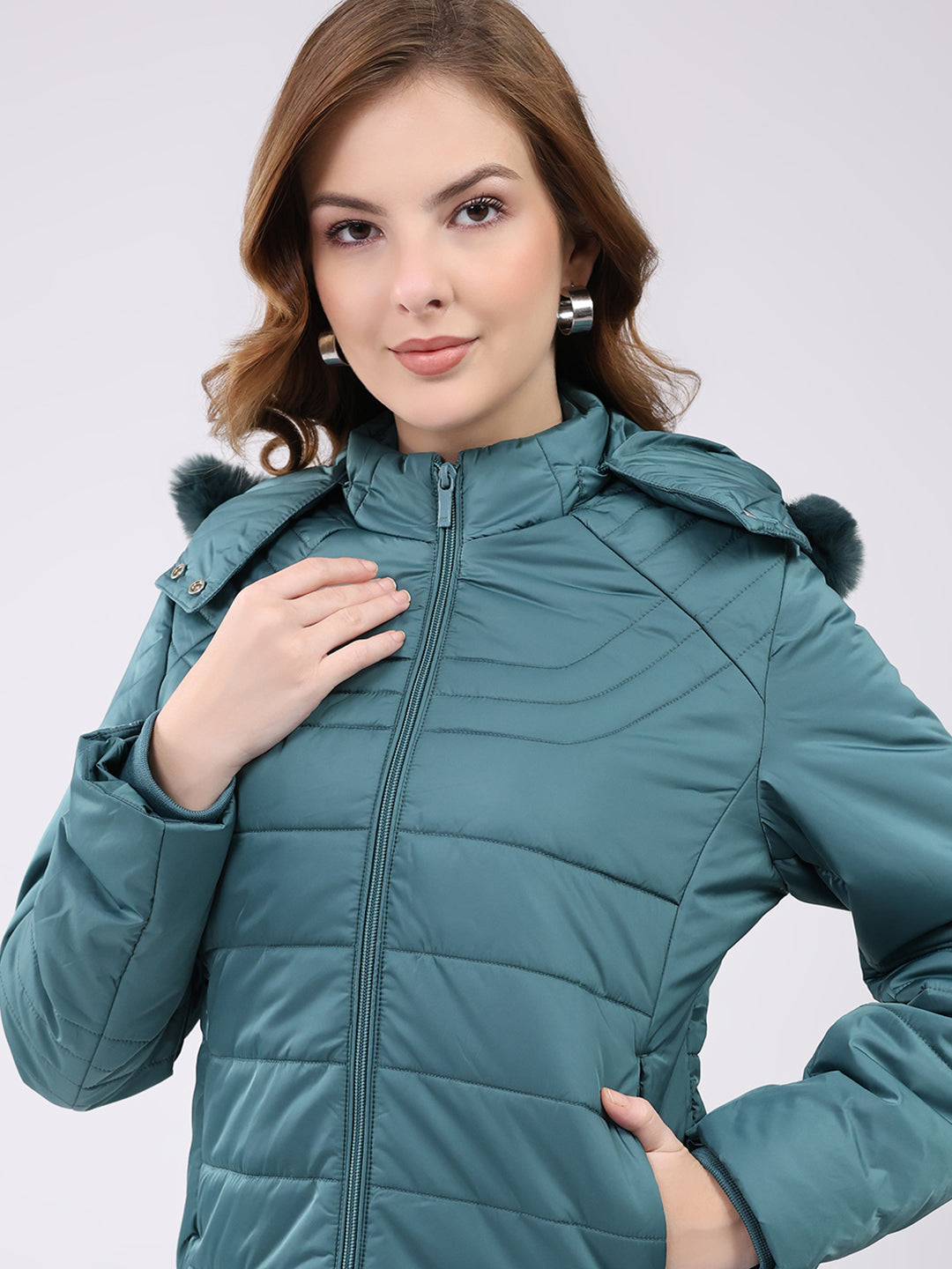 Women Teal Green Solid Hooded Full Sleeve Jacket