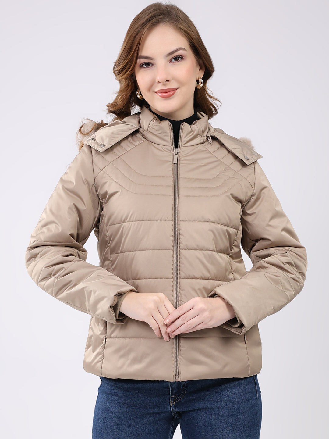 Women Beige Solid Hooded Full Sleeve Jacket