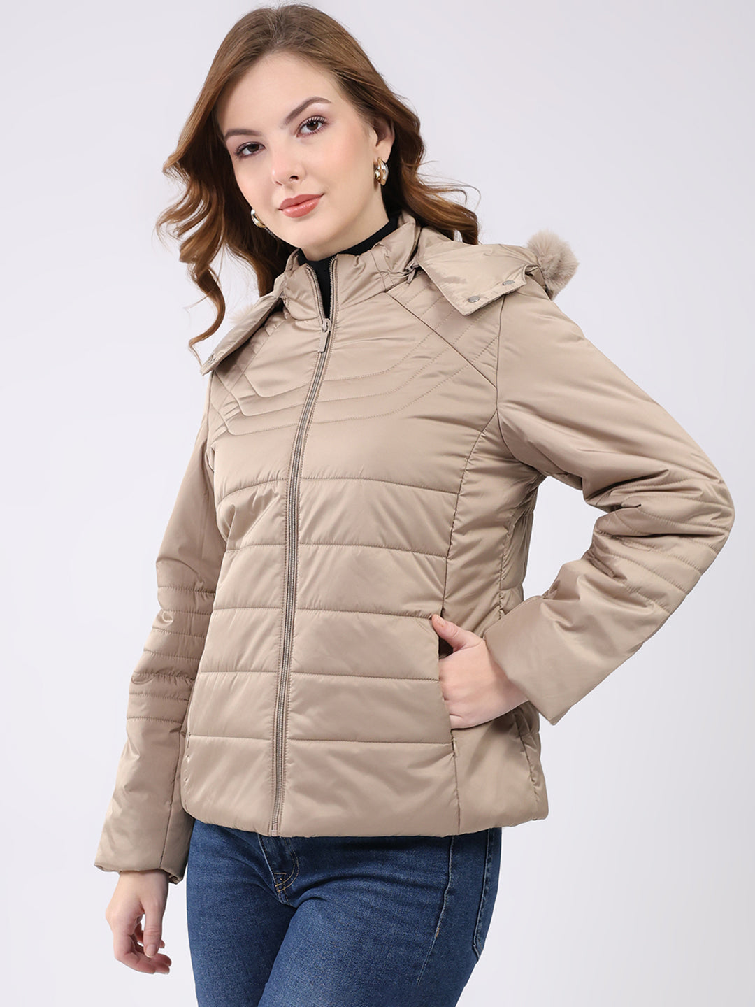 Women Beige Solid Hooded Full Sleeve Jacket