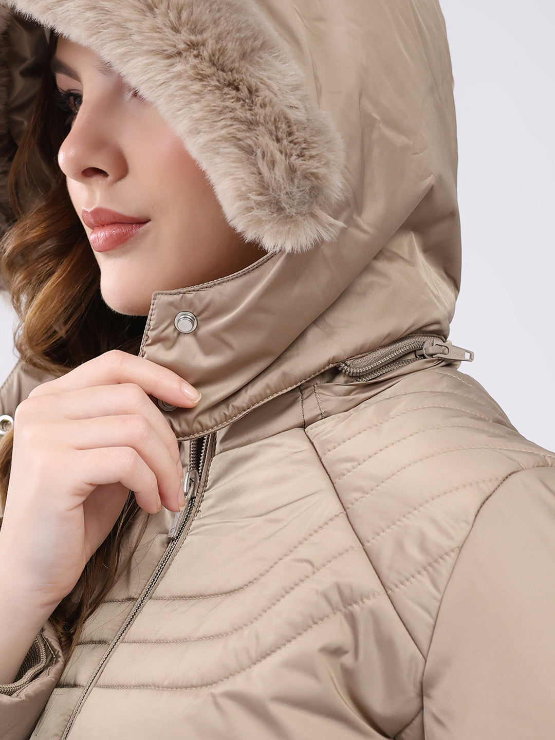 Women Beige Solid Hooded Full Sleeve Jacket