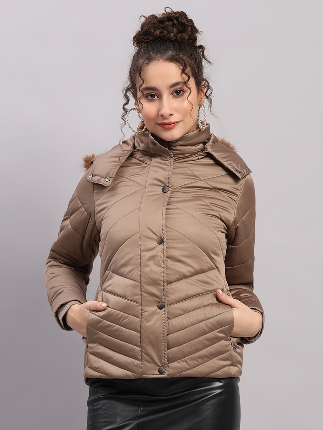 Women Brown Solid Hooded Full Sleeve Jacket