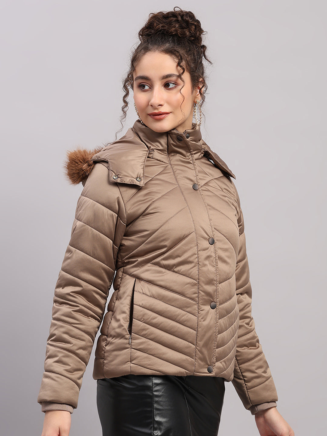 Women Brown Solid Hooded Full Sleeve Jacket
