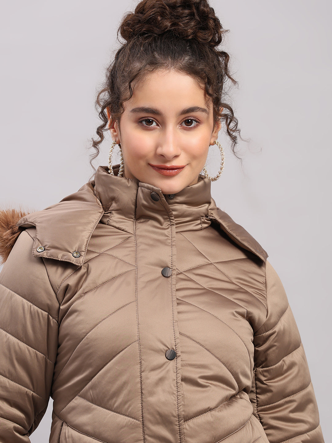 Women Brown Solid Hooded Full Sleeve Jacket