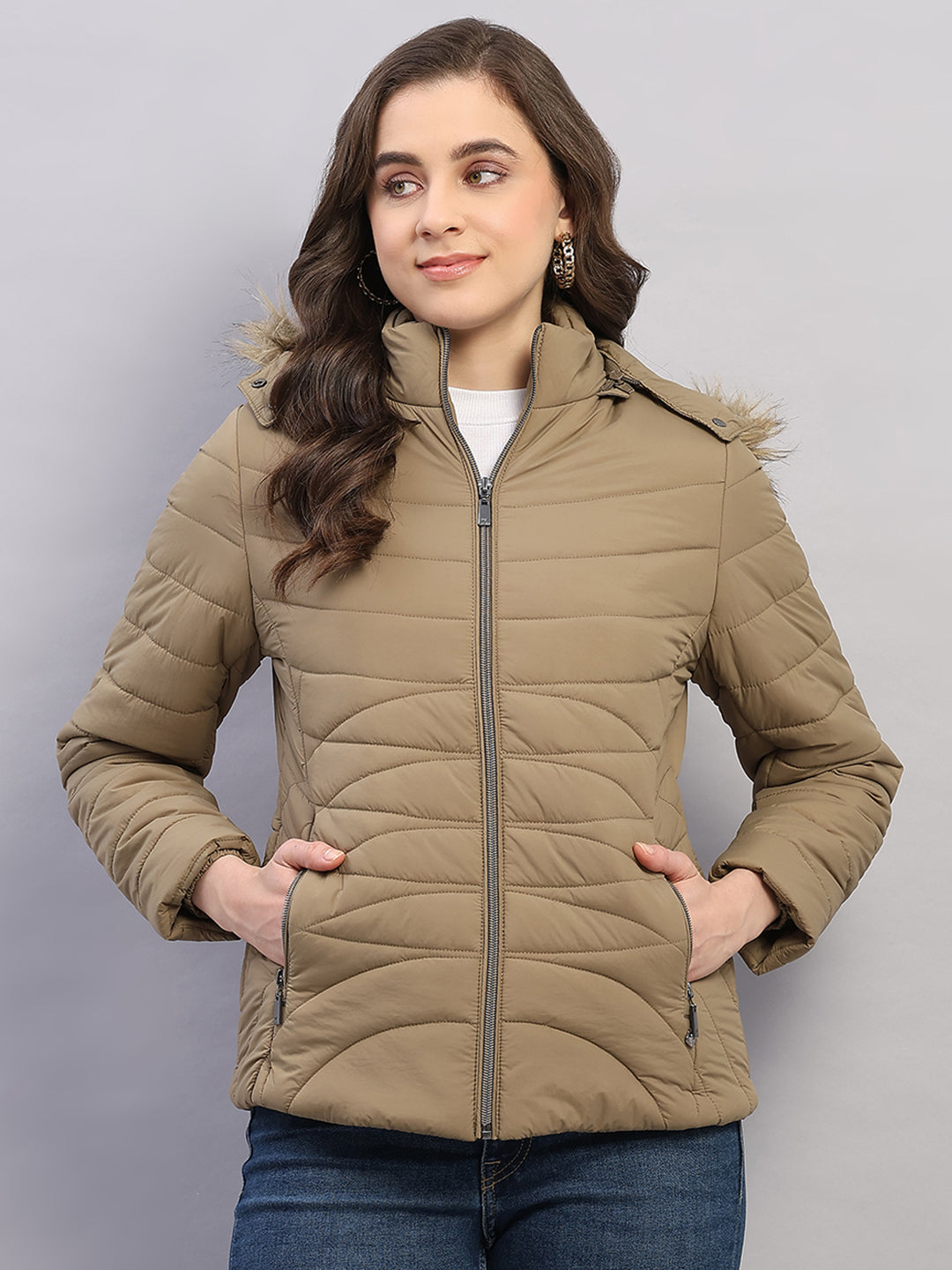 Women Khaki Solid Hooded Full Sleeve Jacket