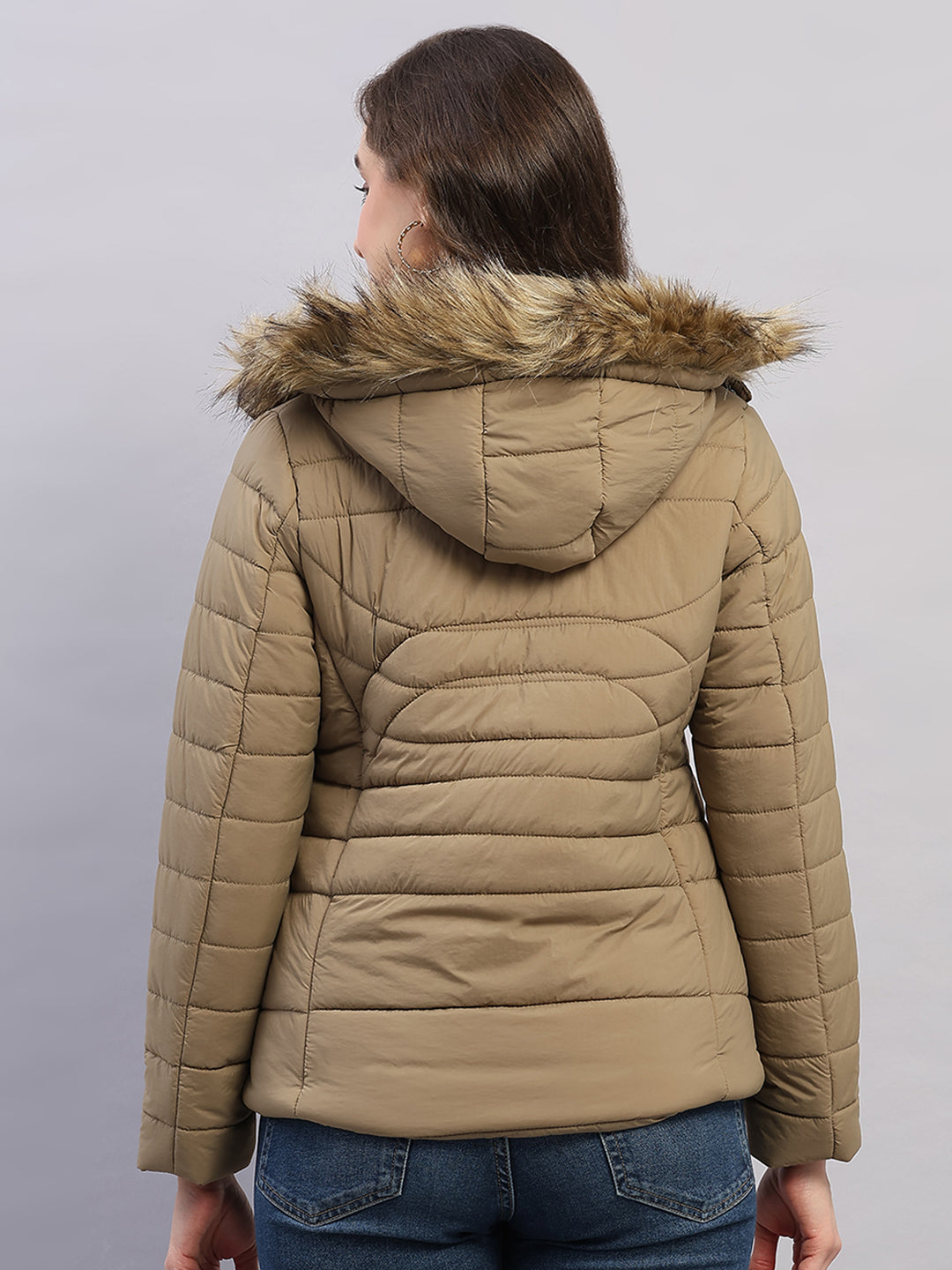 Women Khaki Solid Hooded Full Sleeve Jacket