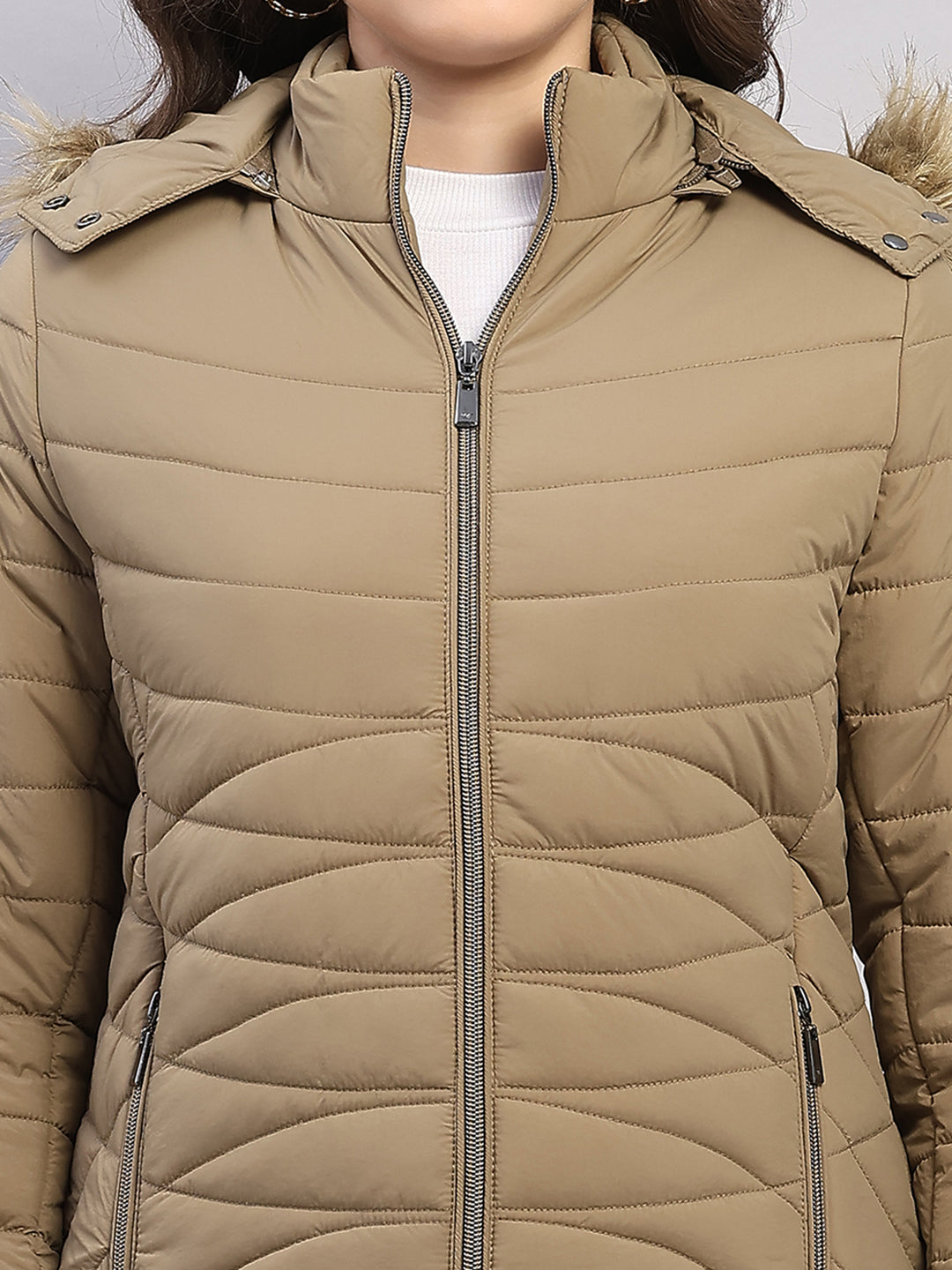 Women Khaki Solid Hooded Full Sleeve Jacket
