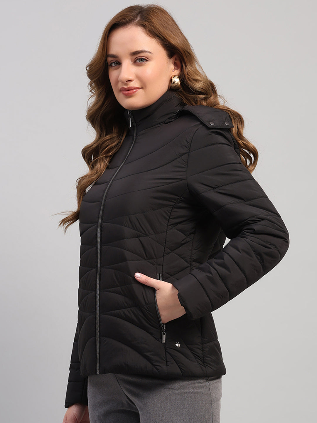 Women Black Solid Hooded Full Sleeve Jacket