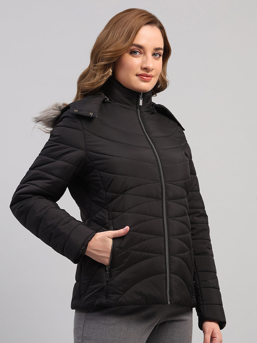 Women Black Solid Hooded Full Sleeve Jacket