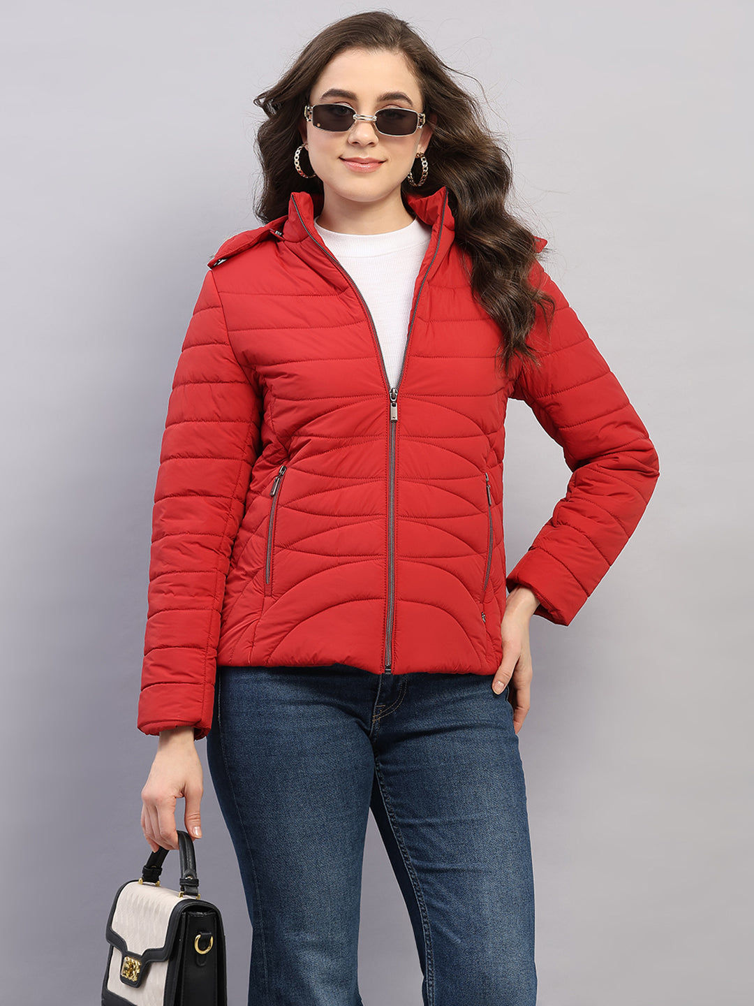 Women Red Solid Hooded Full Sleeve Jacket