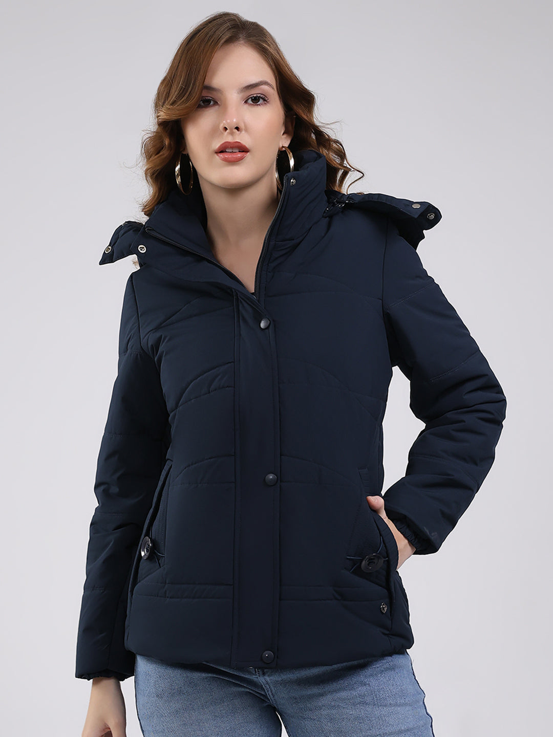 Women Navy Blue Solid Hooded Full Sleeve Jacket