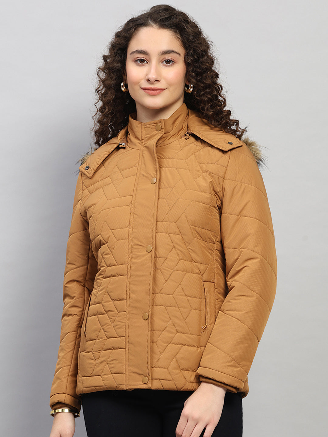 Women Brown Printed Hooded Full Sleeve Jacket