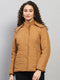 Women Brown Printed Hooded Full Sleeve Jacket