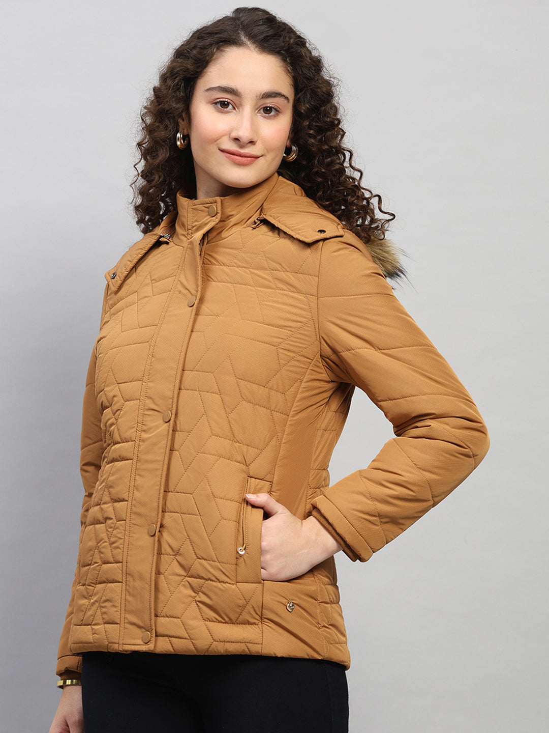 Women Brown Printed Hooded Full Sleeve Jacket