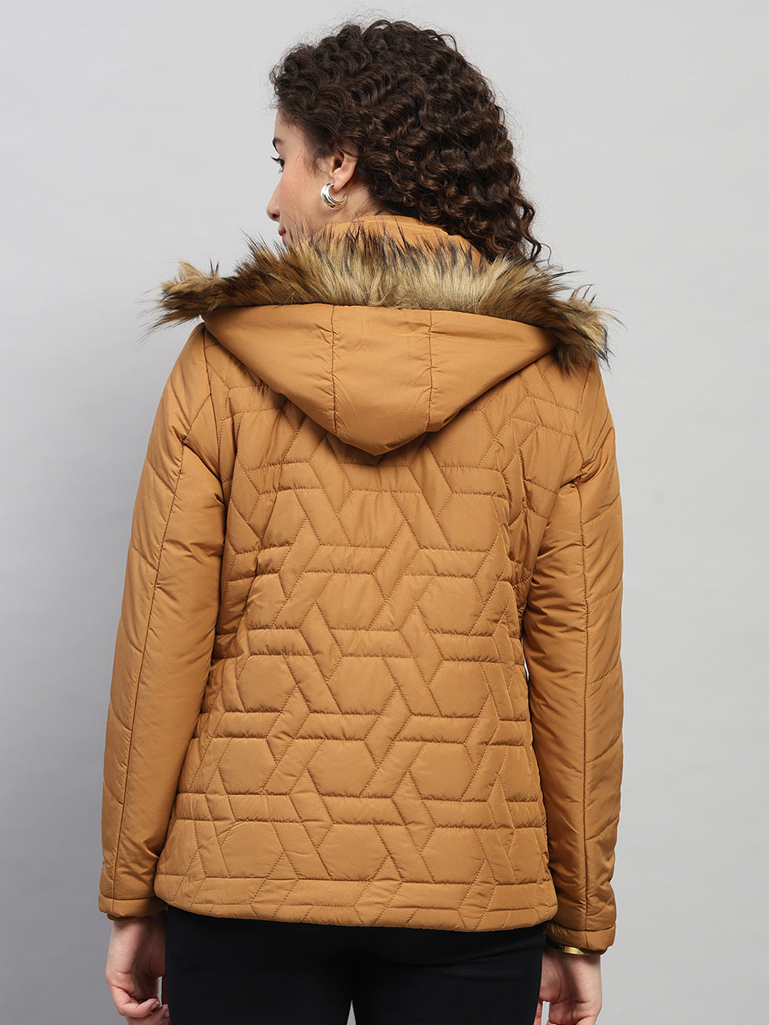 Women Brown Printed Hooded Full Sleeve Jacket