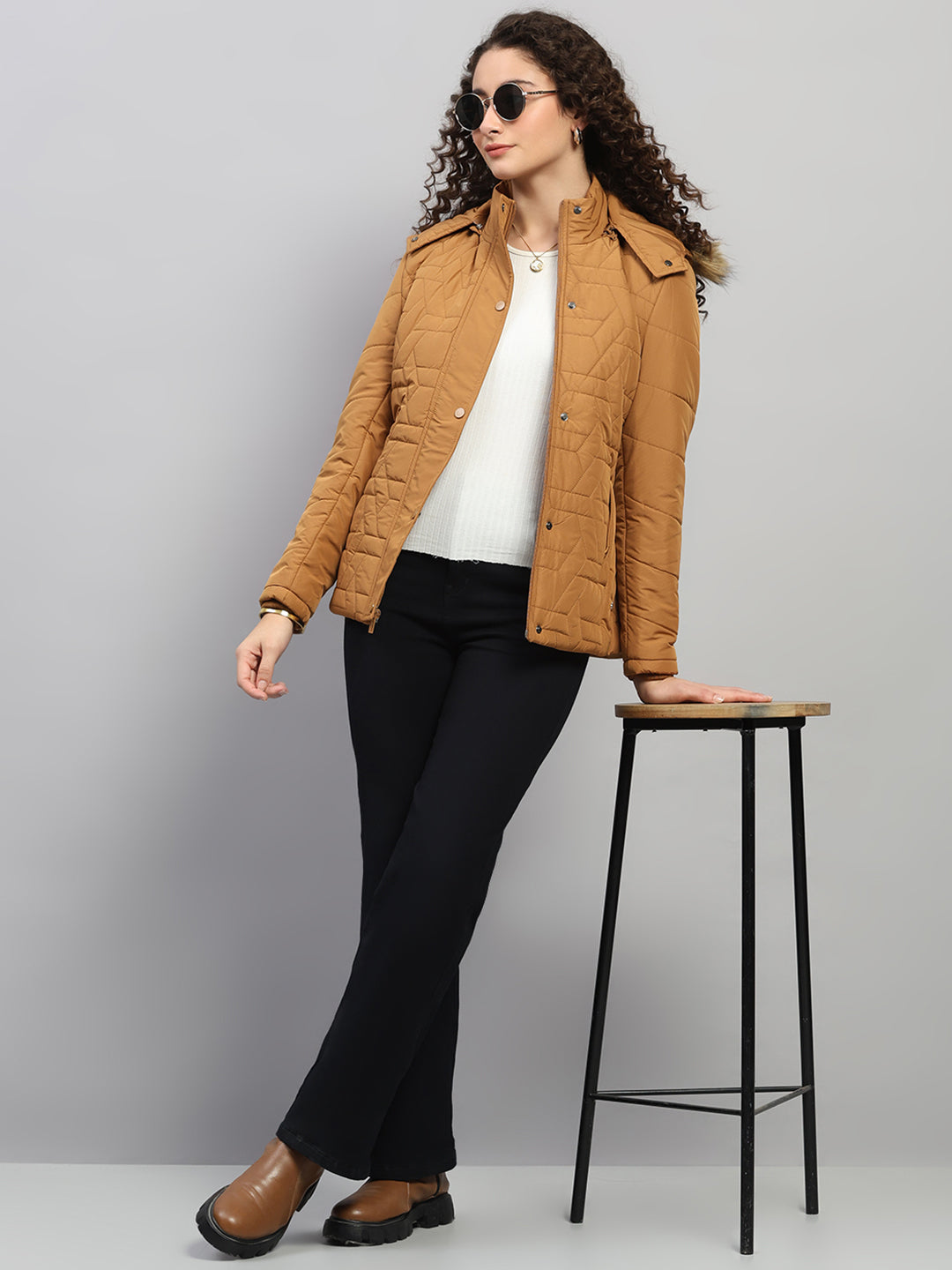 Women Brown Printed Hooded Full Sleeve Jacket