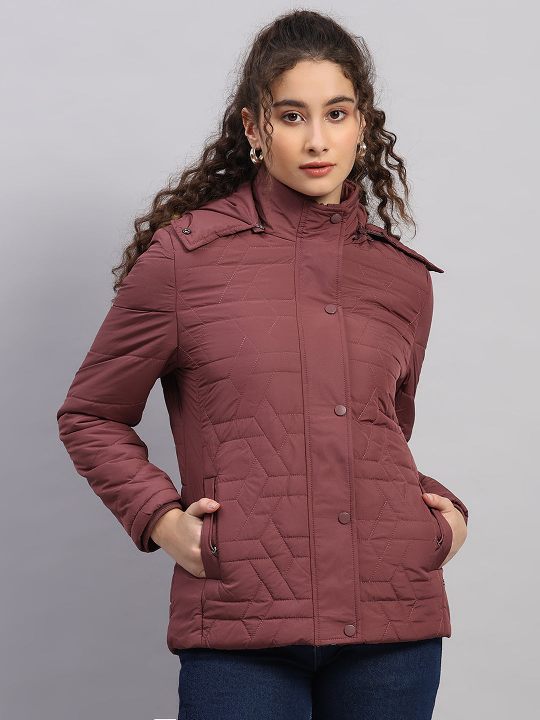 Women Burgundy Printed Hooded Full Sleeve Jacket