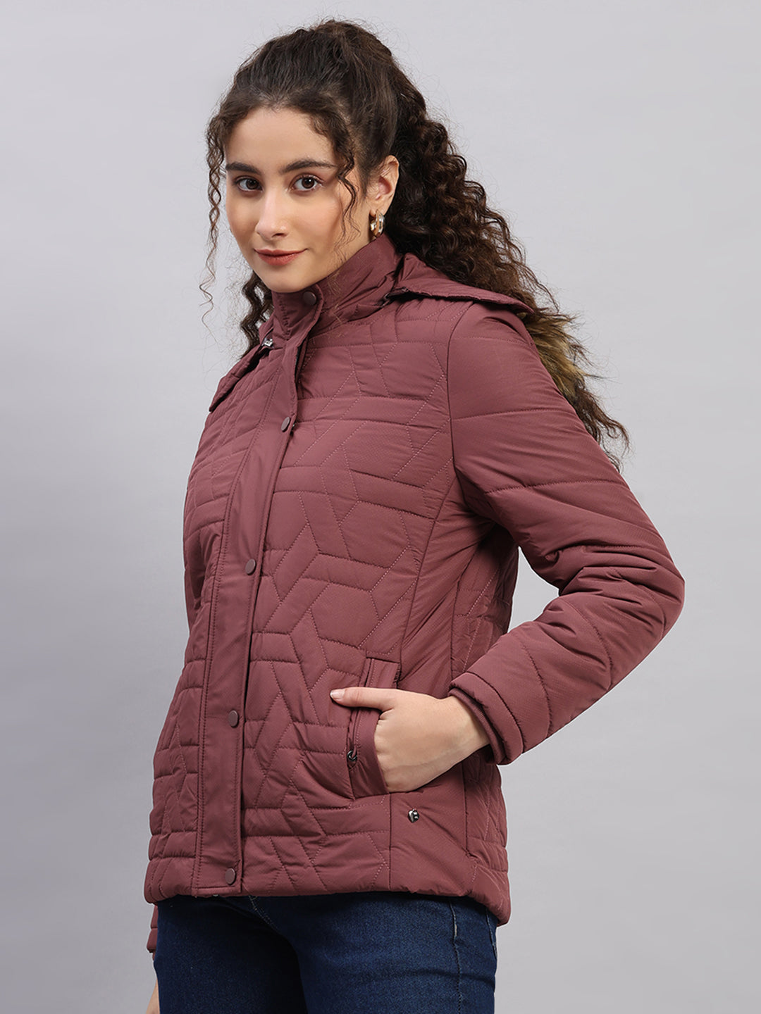 Women Burgundy Printed Hooded Full Sleeve Jacket