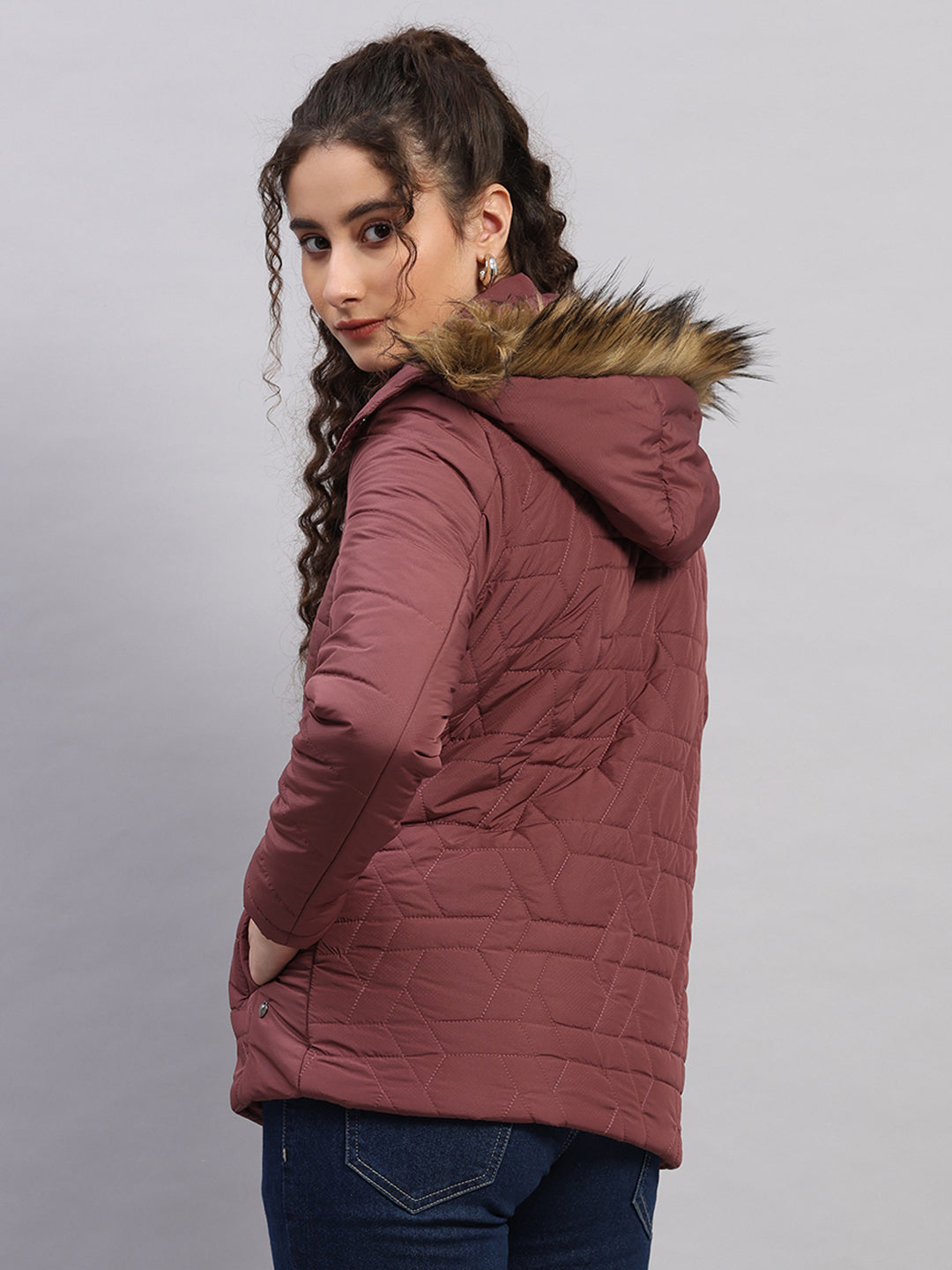 Women Burgundy Printed Hooded Full Sleeve Jacket