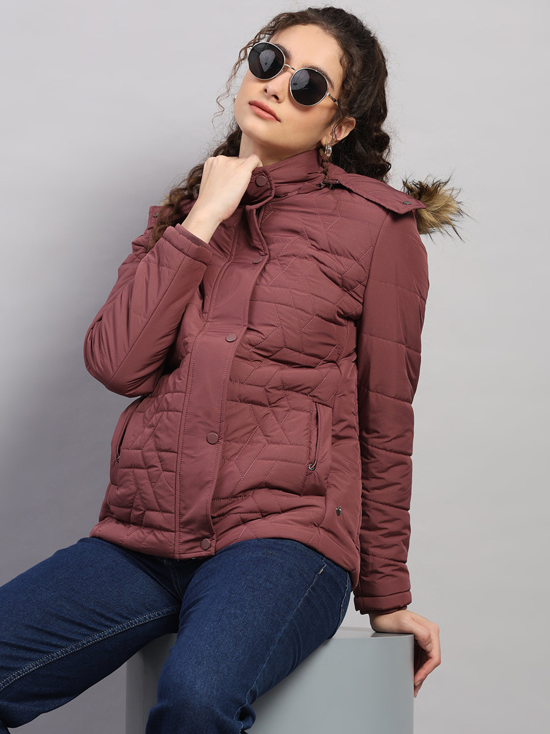 Women Burgundy Printed Hooded Full Sleeve Jacket