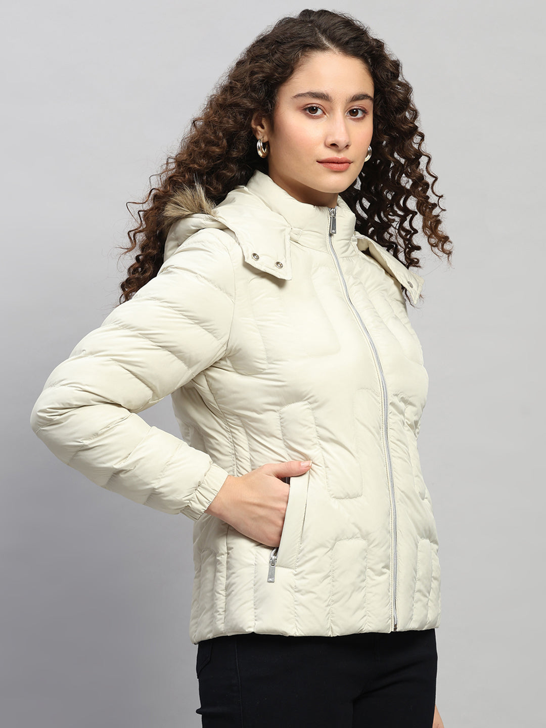 Women Beige Solid Hooded Full Sleeve Jacket