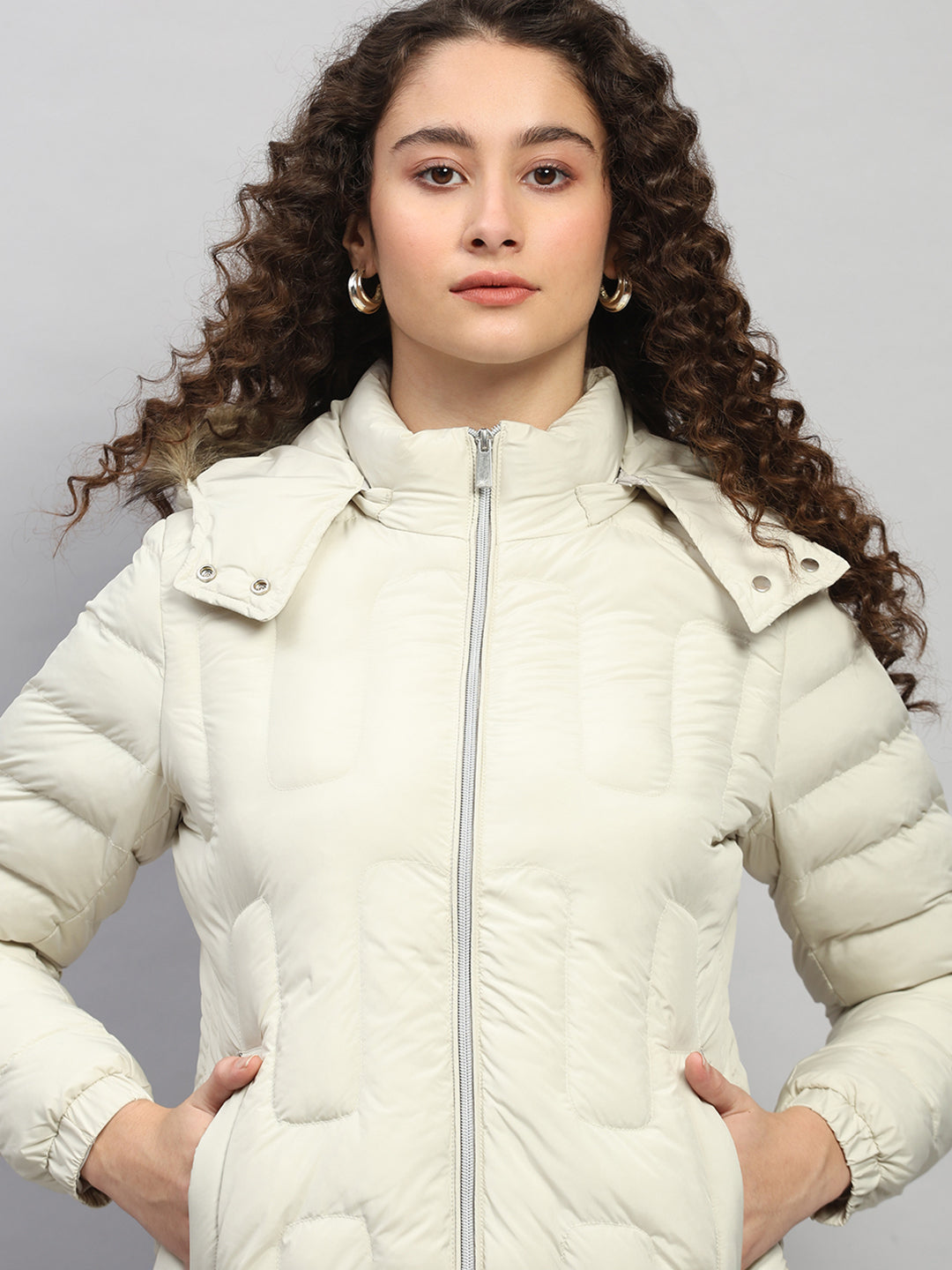 Women Beige Solid Hooded Full Sleeve Jacket
