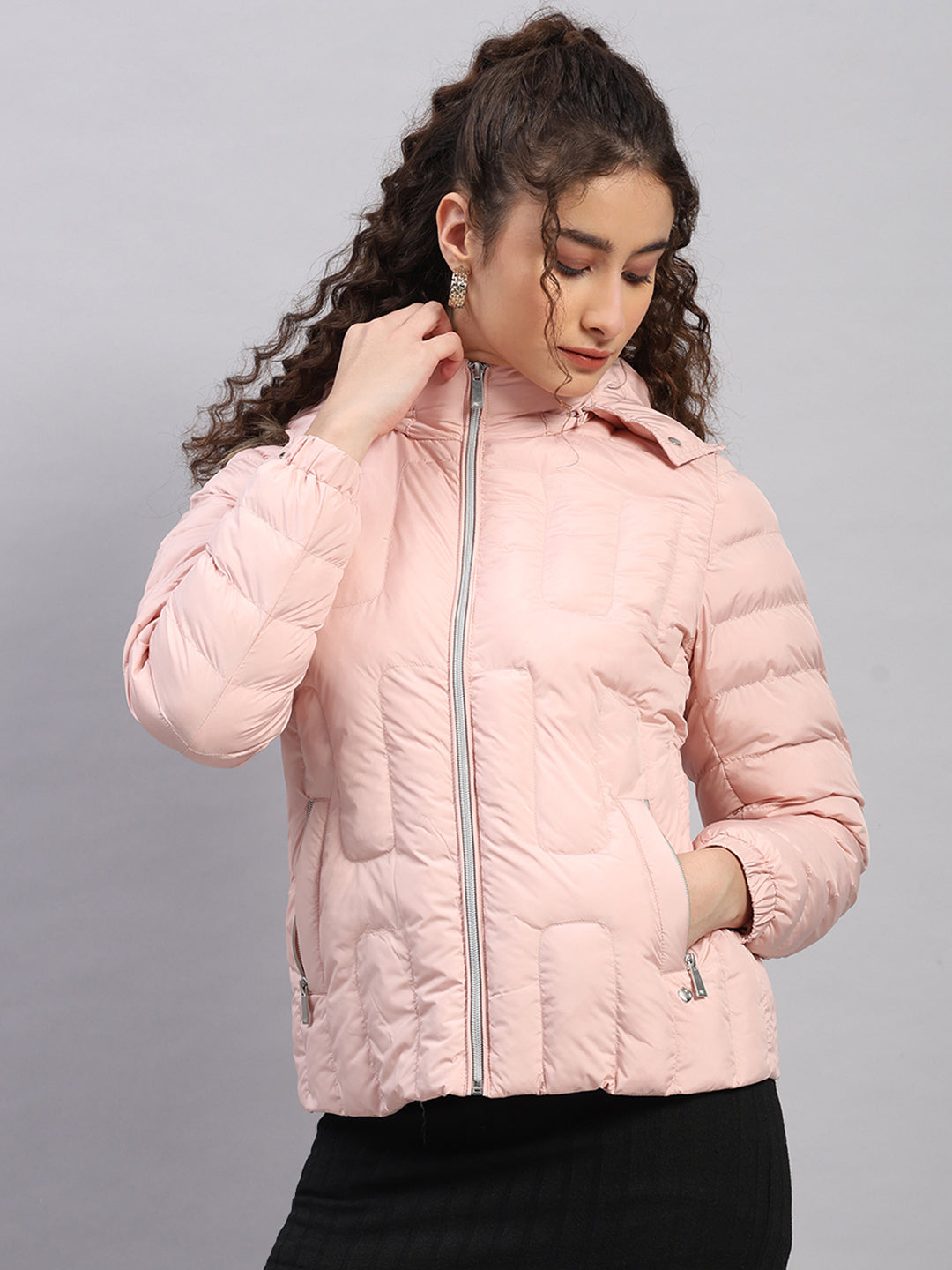 Women Pink Solid Hooded Full Sleeve Jacket