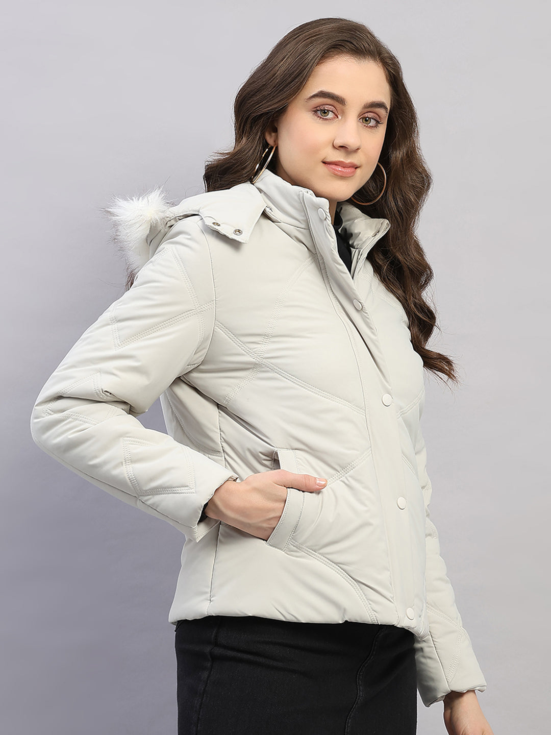 Women Beige Solid Hooded Full Sleeve Jacket