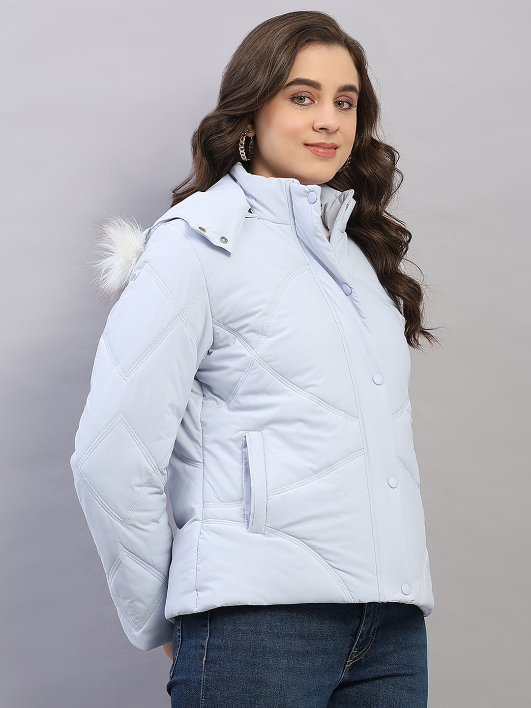 Women Blue Solid Hooded Full Sleeve Jacket