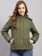 Women Green Stripe Hooded Full Sleeve Jacket
