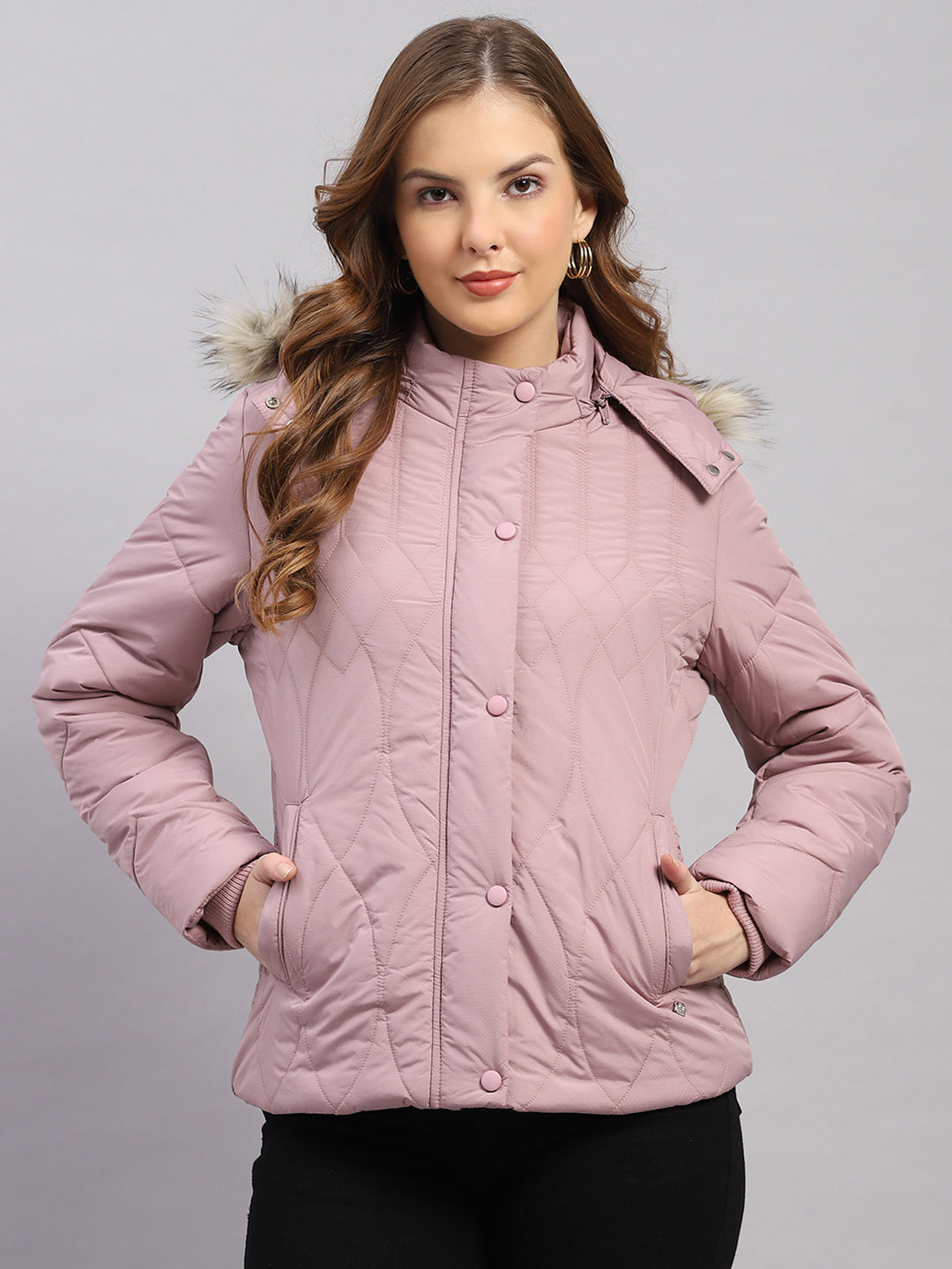 Women Mauve Stripe Hooded Full Sleeve Jacket