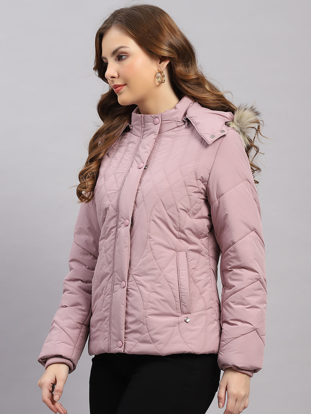 Women Mauve Stripe Hooded Full Sleeve Jacket