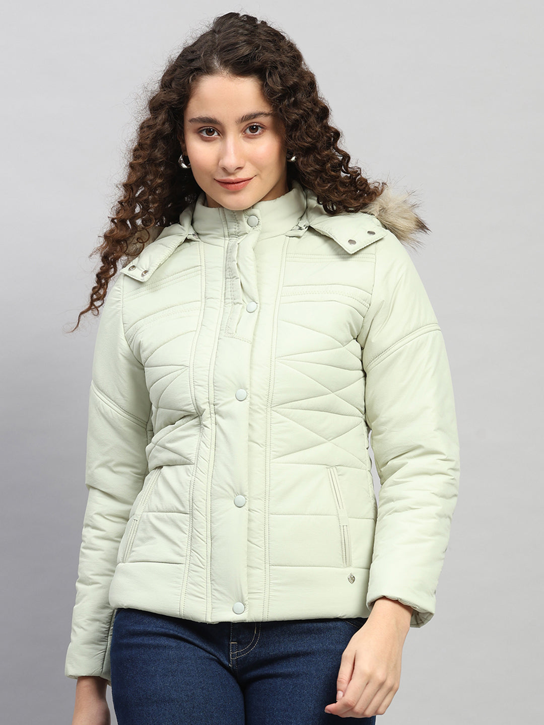Women Green Self Design Hooded Full Sleeve Jacket