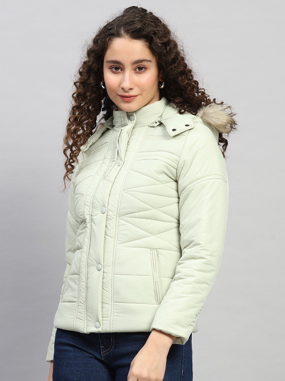 Women Green Self Design Hooded Full Sleeve Jacket