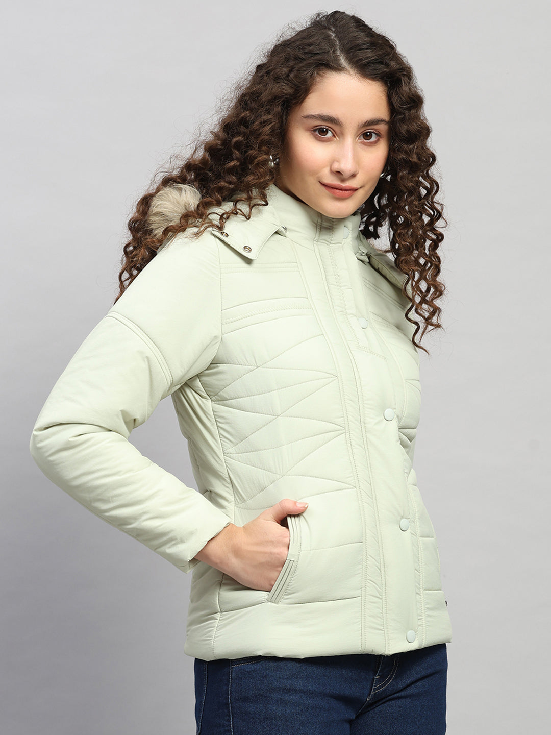Women Green Self Design Hooded Full Sleeve Jacket