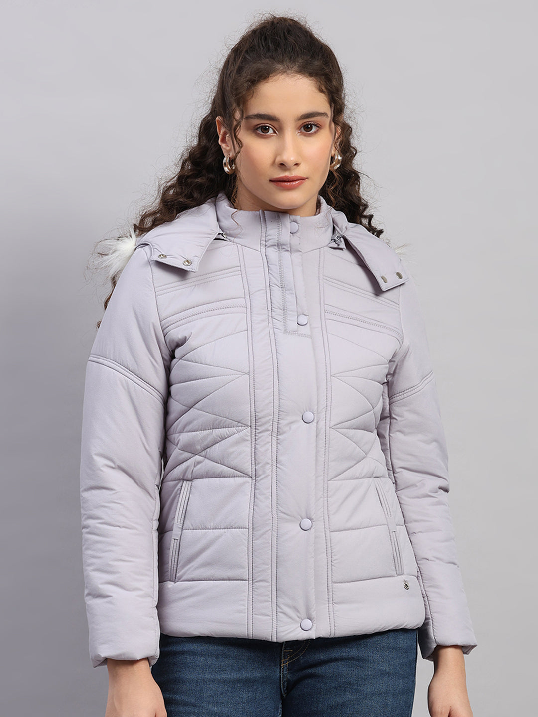 Women Purple Self Design Hooded Full Sleeve Jacket