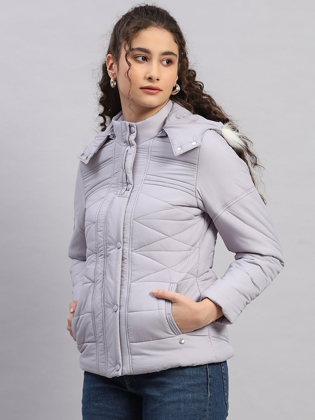 Women Purple Self Design Hooded Full Sleeve Jacket