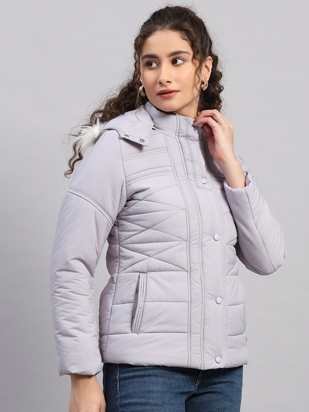 Women Purple Self Design Hooded Full Sleeve Jacket