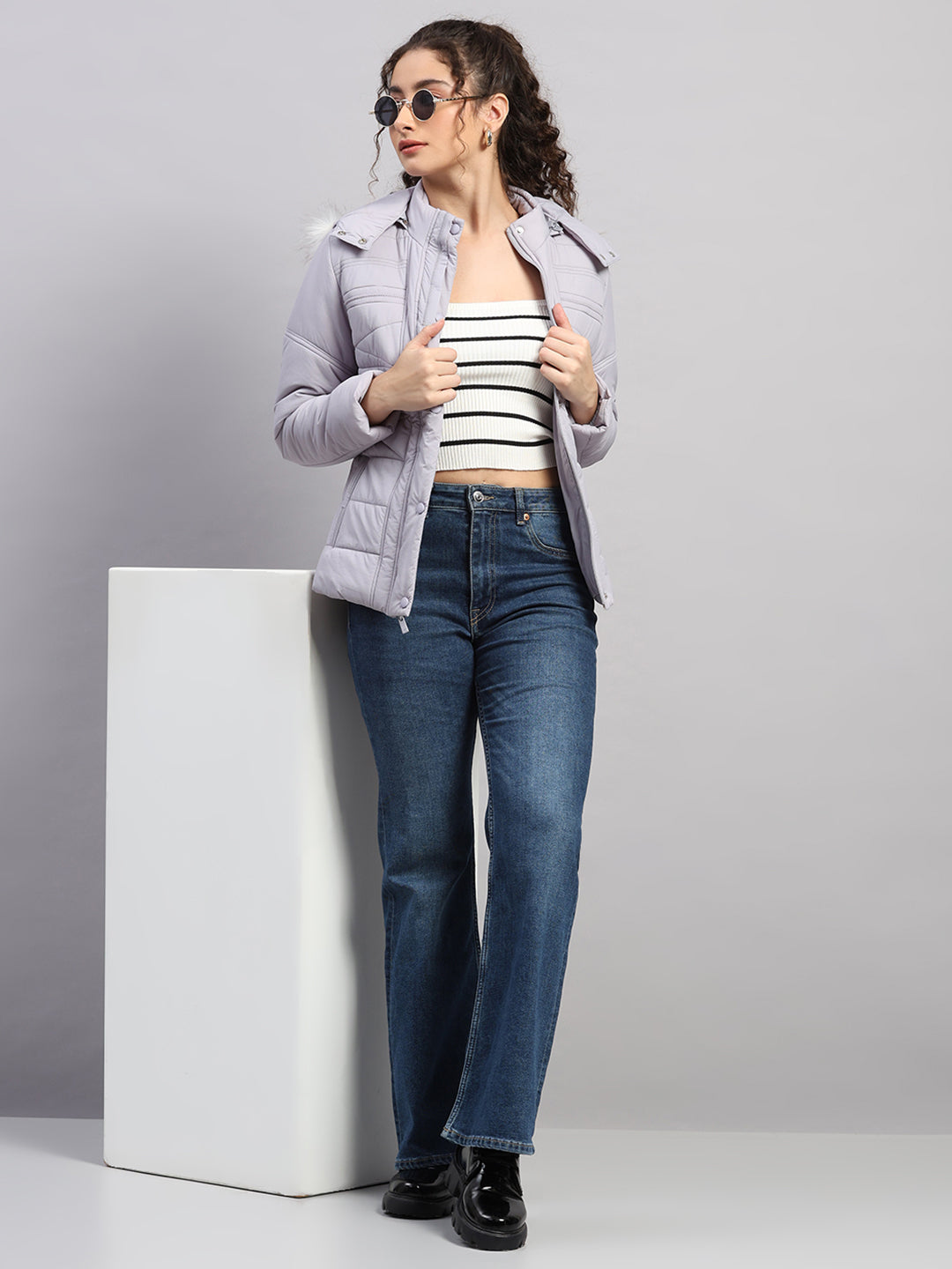 Women Purple Self Design Hooded Full Sleeve Jacket